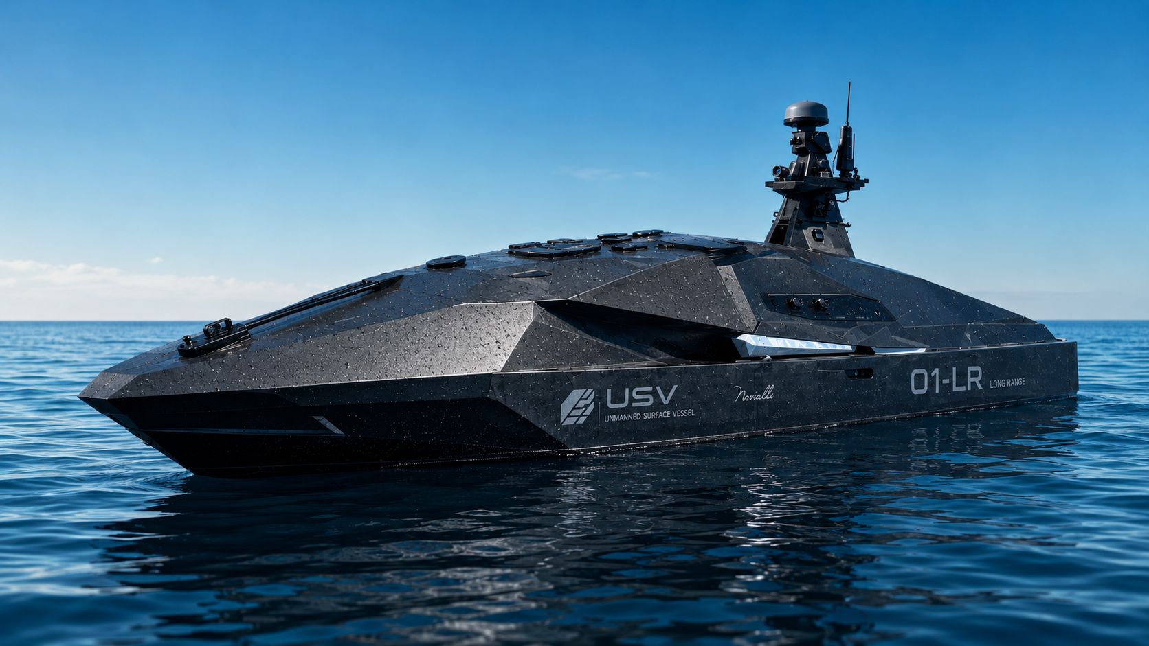Novielli USV 01-LR long-range unmanned surface vessel with stealth faceted black hull and mast-mounted sensors on calm open water.