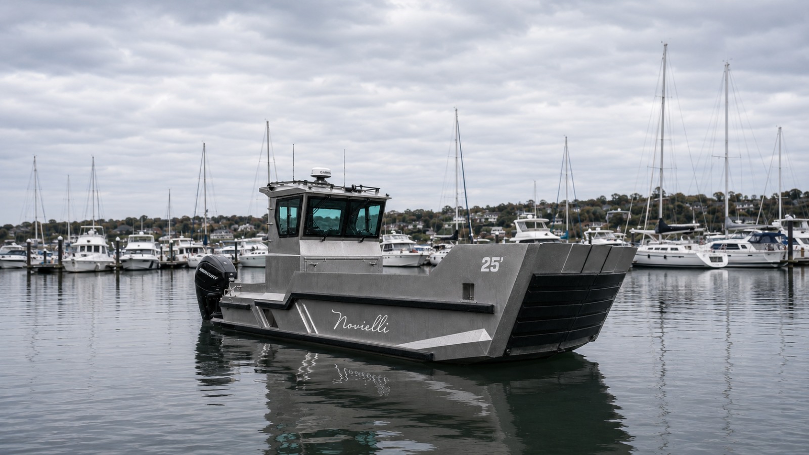Novielli LC-259 M.U.L.E. 25-foot aluminum landing craft workboat with pilothouse and Mercury outboard floating in a calm marina.