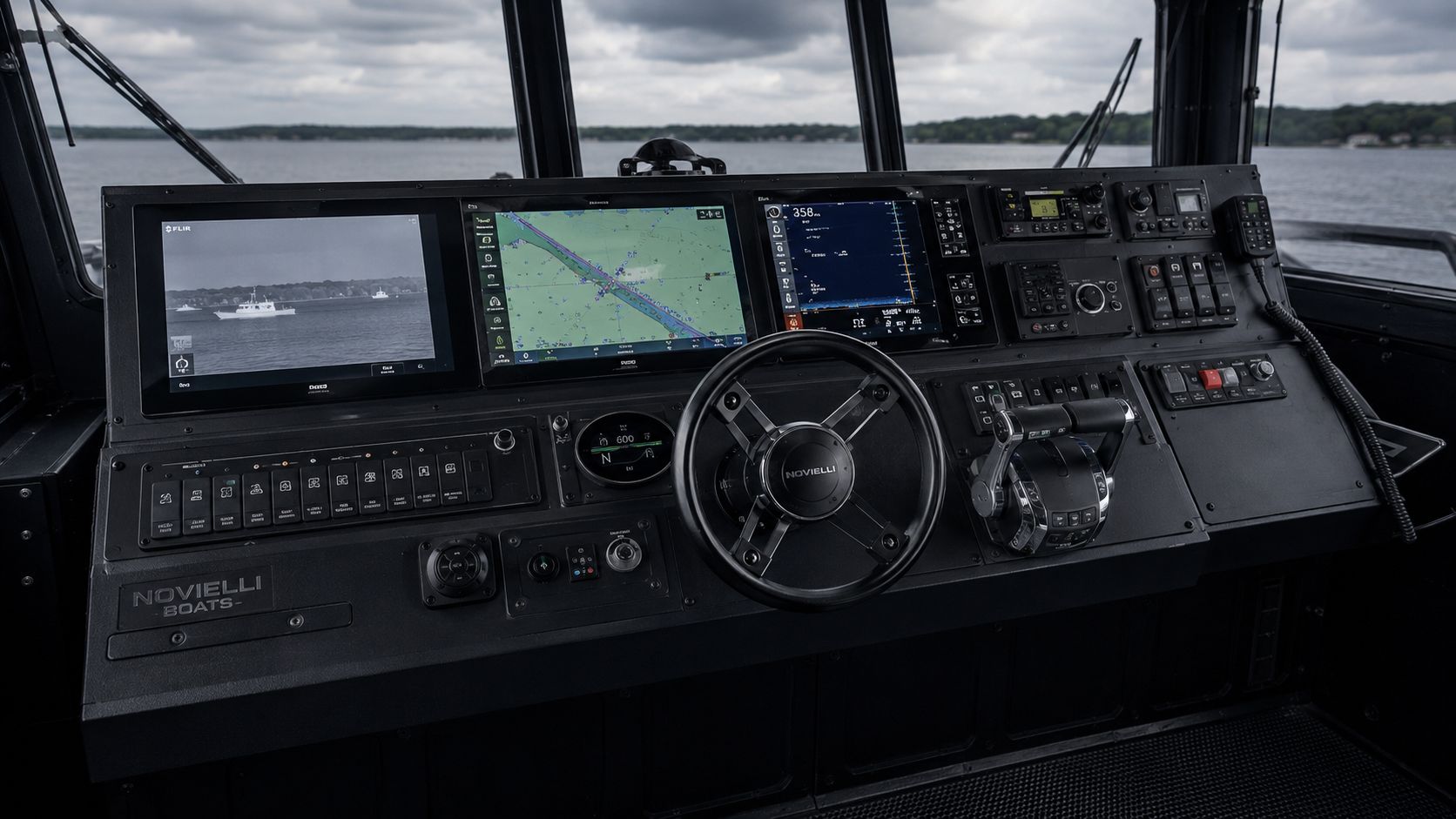 Outlaw 559 LR helm console with FLIR thermal imagery, chartplotter, radar display, Mercury joystick docking control, and rocker-switch banks under wraparound pilothouse windows.