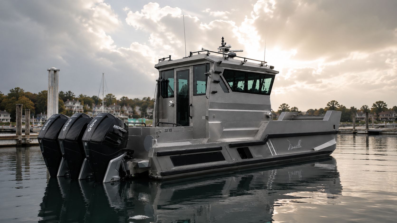 Novielli LC-399 M.U.L.E X aluminum landing craft workboat with pilothouse and triple Mercury 300 outboards at a marina at sunset.