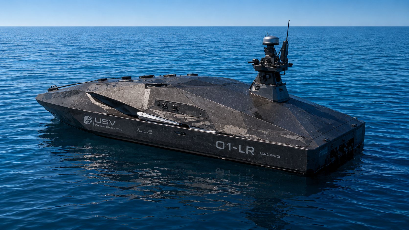 Stern-quarter view of the USV 01-LR Autonomous System showing the 01-LR AUTONOMOUS SYSTEM hull graphics, USV identification mark, and Novielli script along the faceted black hull.