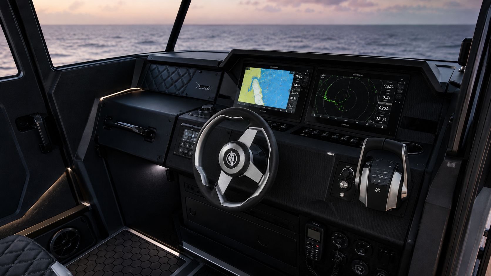 Enclosed Revenant 369 Blackline SAR helm station with Garmin chartplotter and radar displays, Mercury throttle controls, and Novielli-branded suede-trim dashboard at sunset.