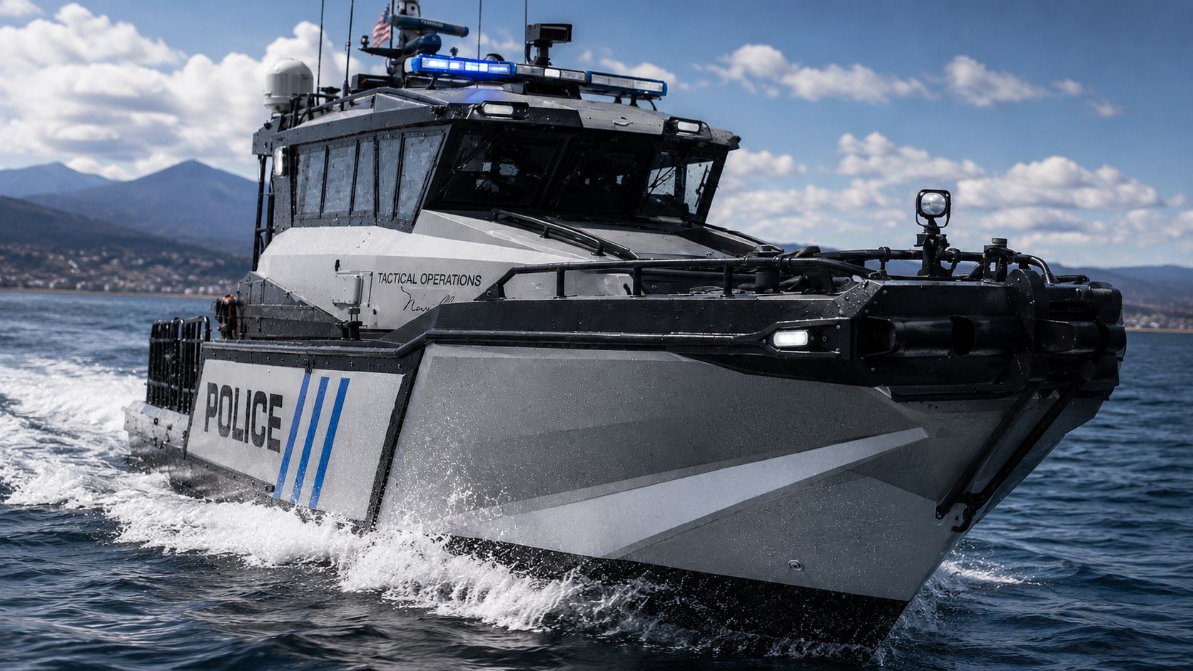 Novielli Renegade 519 LR gray and black aluminum police tactical patrol boat with blue light bar running through open water.