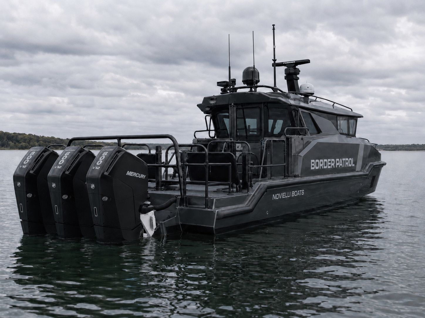 Stern-quarter view of the Outlaw 559 LR with triple Mercury V12 outboards, aft mast sensors, and BORDER PATROL hull graphics under overcast sky.