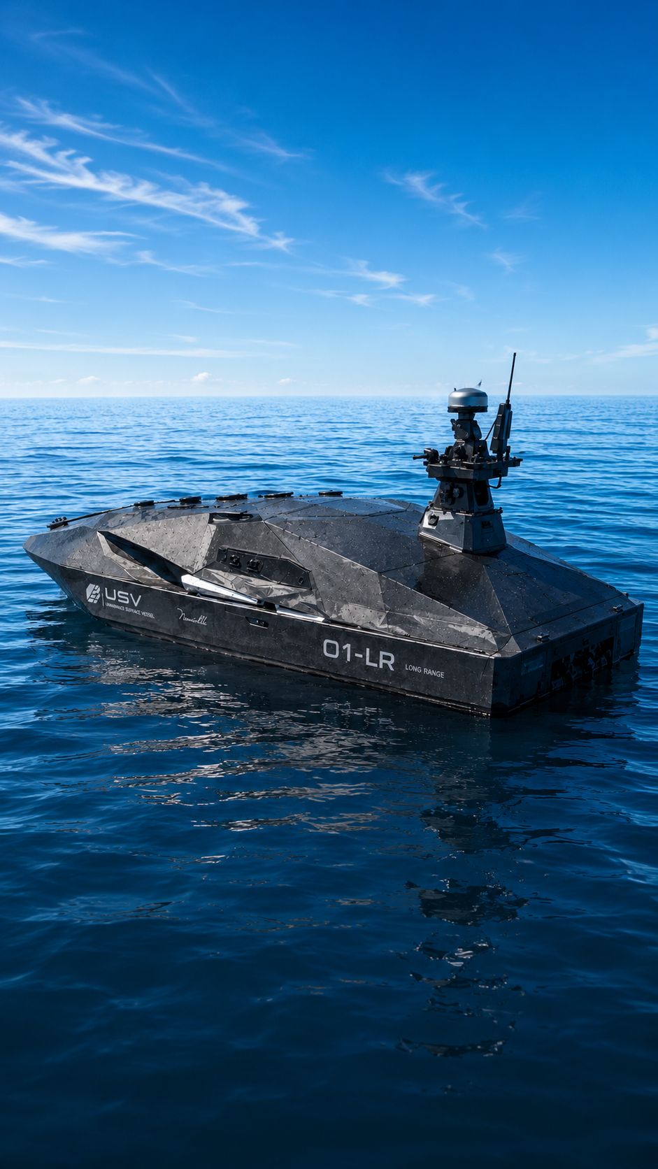 Tall three-quarter aft view of the USV 01-LR Long Range showing faceted hull panels, dorsal hatches, and mast-mounted radar and EO/IR sensors.