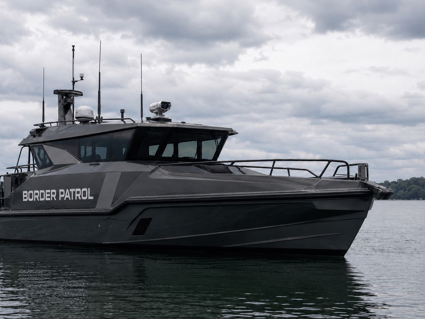 Bow-quarter view of the Outlaw 559 LR blacked-out aluminum Border Patrol catamaran with enclosed pilothouse and mast-mounted sensors on calm water.