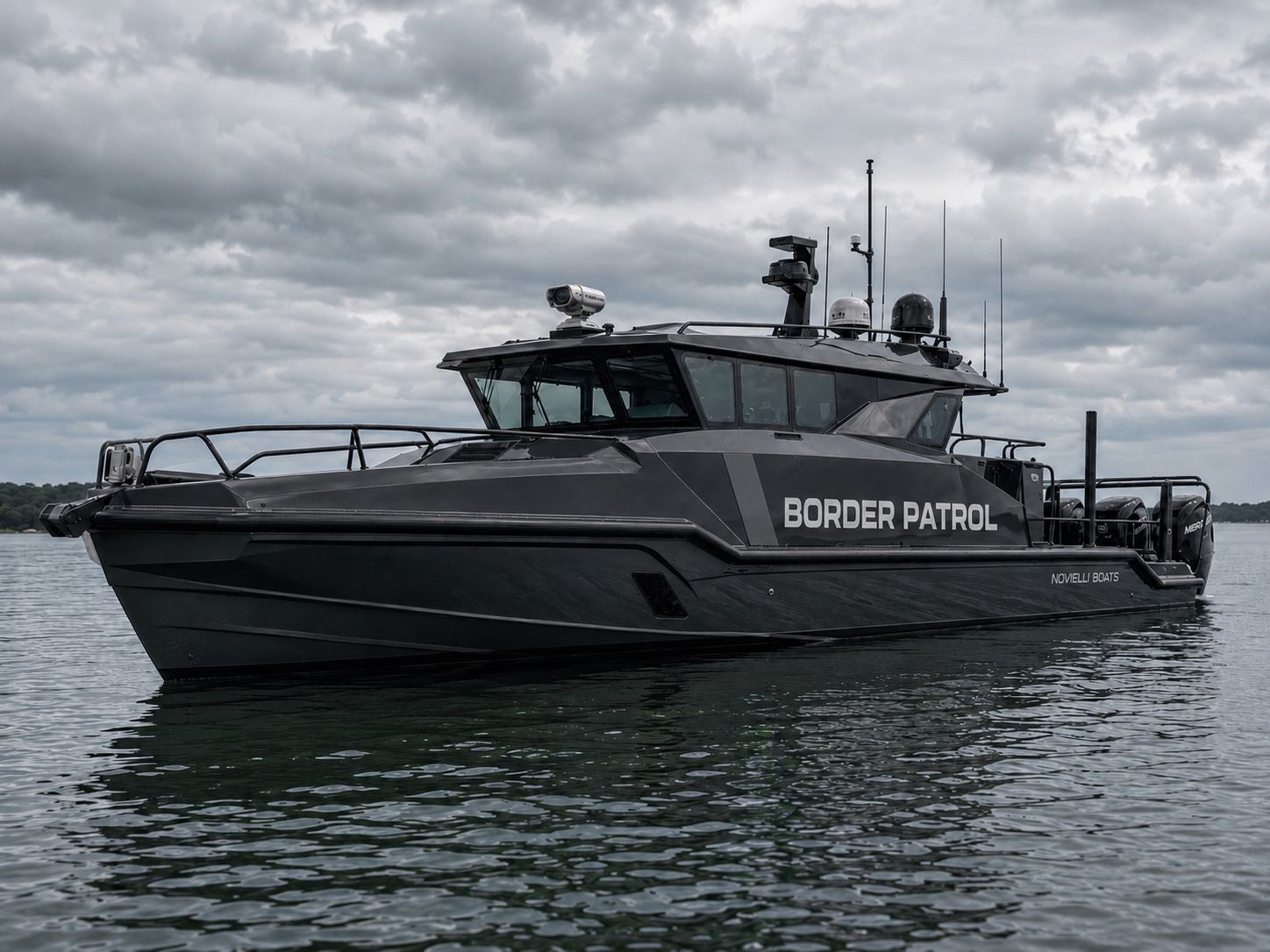 Novielli Outlaw 559 LR blacked-out aluminum Border Patrol catamaran with enclosed pilothouse, mast-mounted sensors, and triple Mercury outboards on calm water.