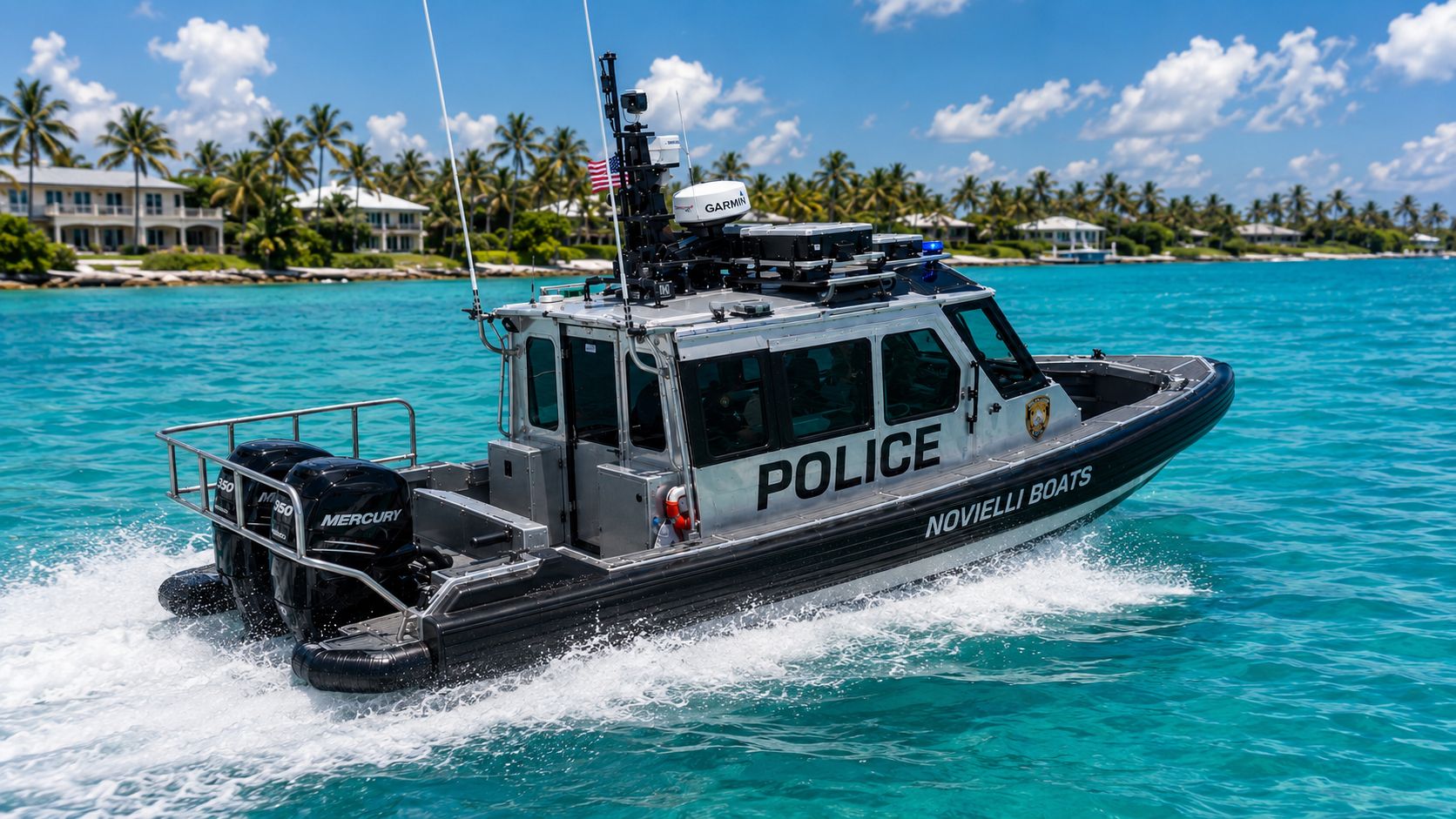 Stern-quarter running view of the Obsidian 269 Interceptor with POLICE livery and law-enforcement badge on the pilothouse.