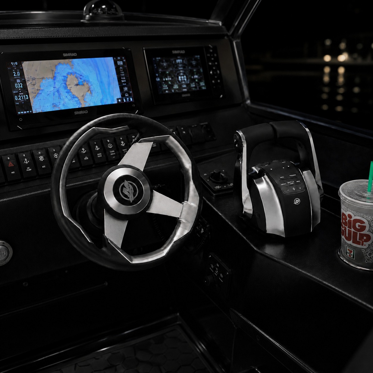 Novielli helm cockpit interior with branded steering wheel, dual Simrad chartplotters, throttle controls, switch panel, and a 7-Eleven Big Gulp in the cup holder.