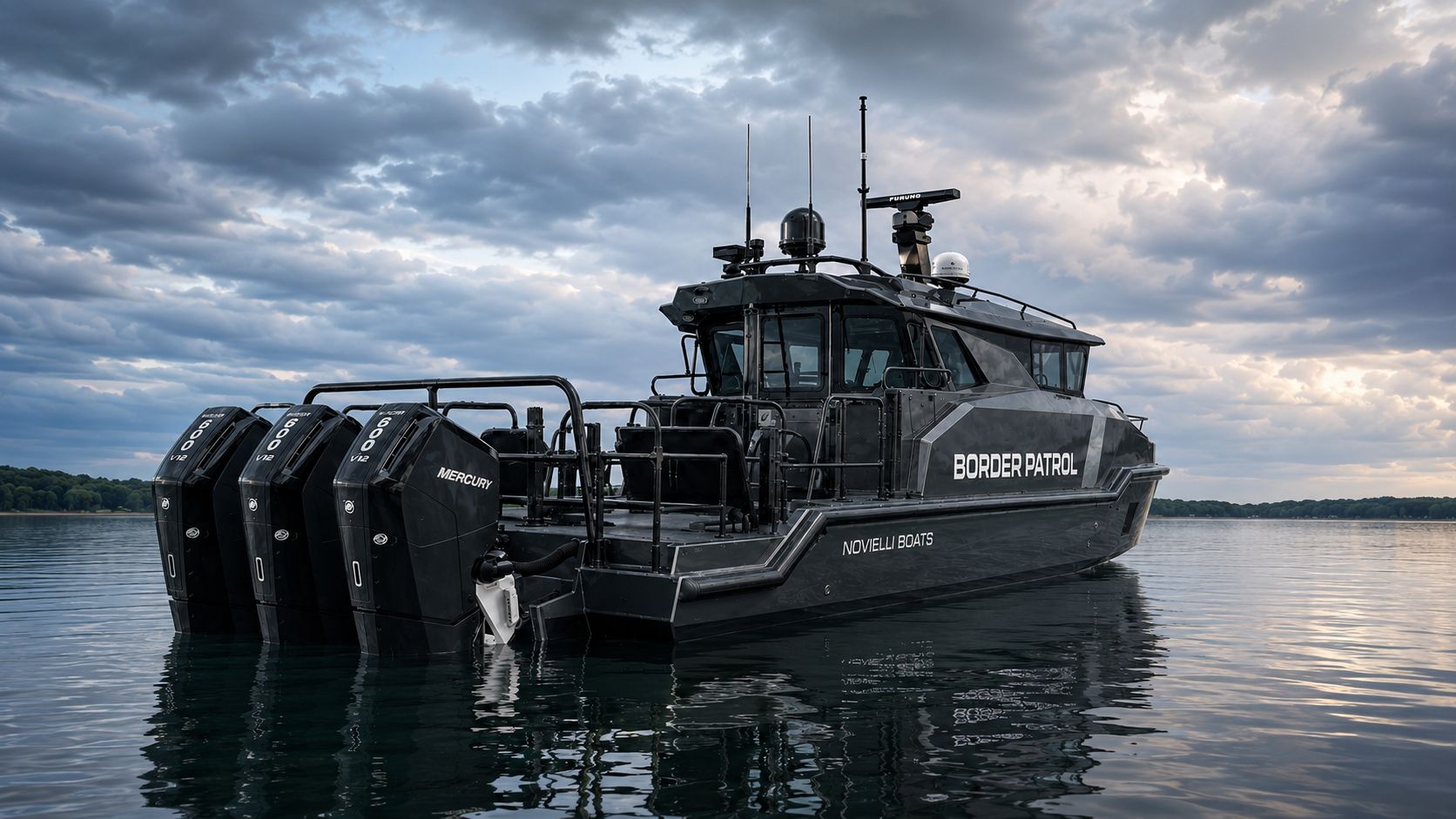 Stern view of the Outlaw 559 LR showing triple Mercury 600 V12 outboards, motor guard cage, and aft working deck under a dramatic cloudy sky.