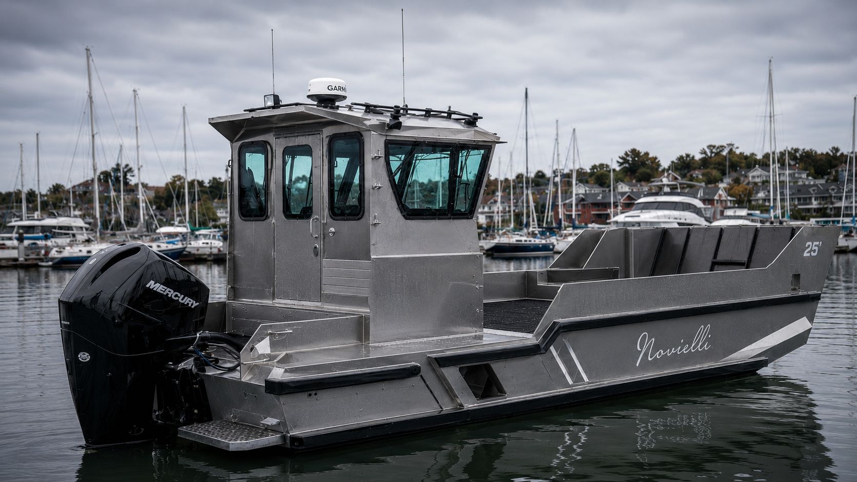 Stern-quarter view of the LC-259 M.U.L.E. landing craft with Mercury outboard, open aft working deck, side door, and pilothouse against a marina backdrop.