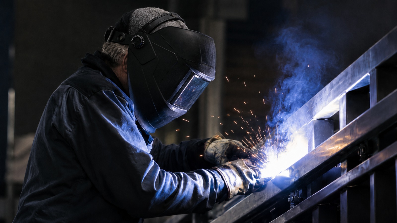 AWS-certified welder wearing a protective mask and gloves, welding a marine-grade aluminum hull frame with bright sparks and blue smoke in a shipyard.