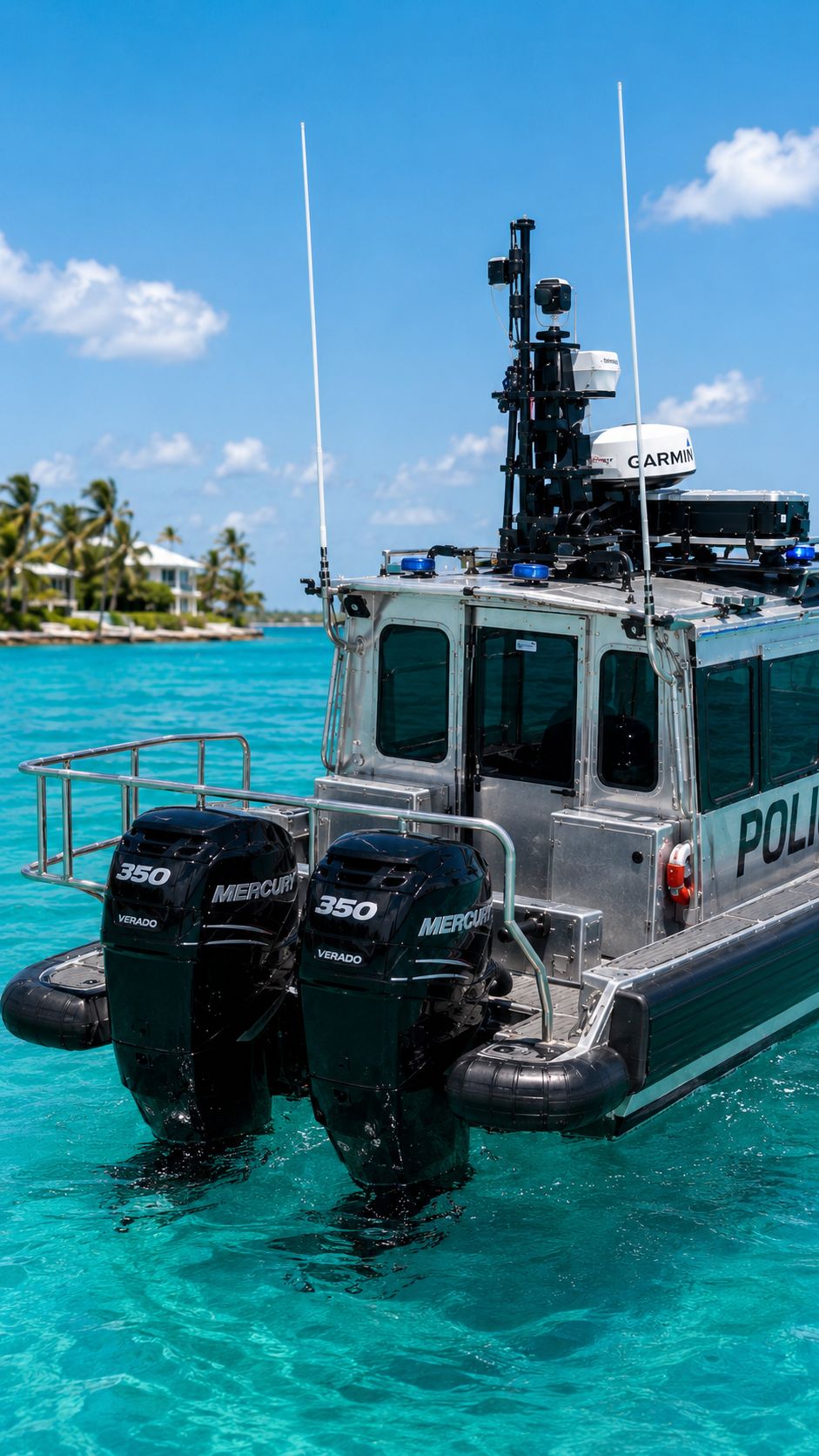 Tall stern view of the Obsidian 269 Interceptor at rest, showing twin Mercury 350 Verado outboards, swim platform railing, and electronics mast.
