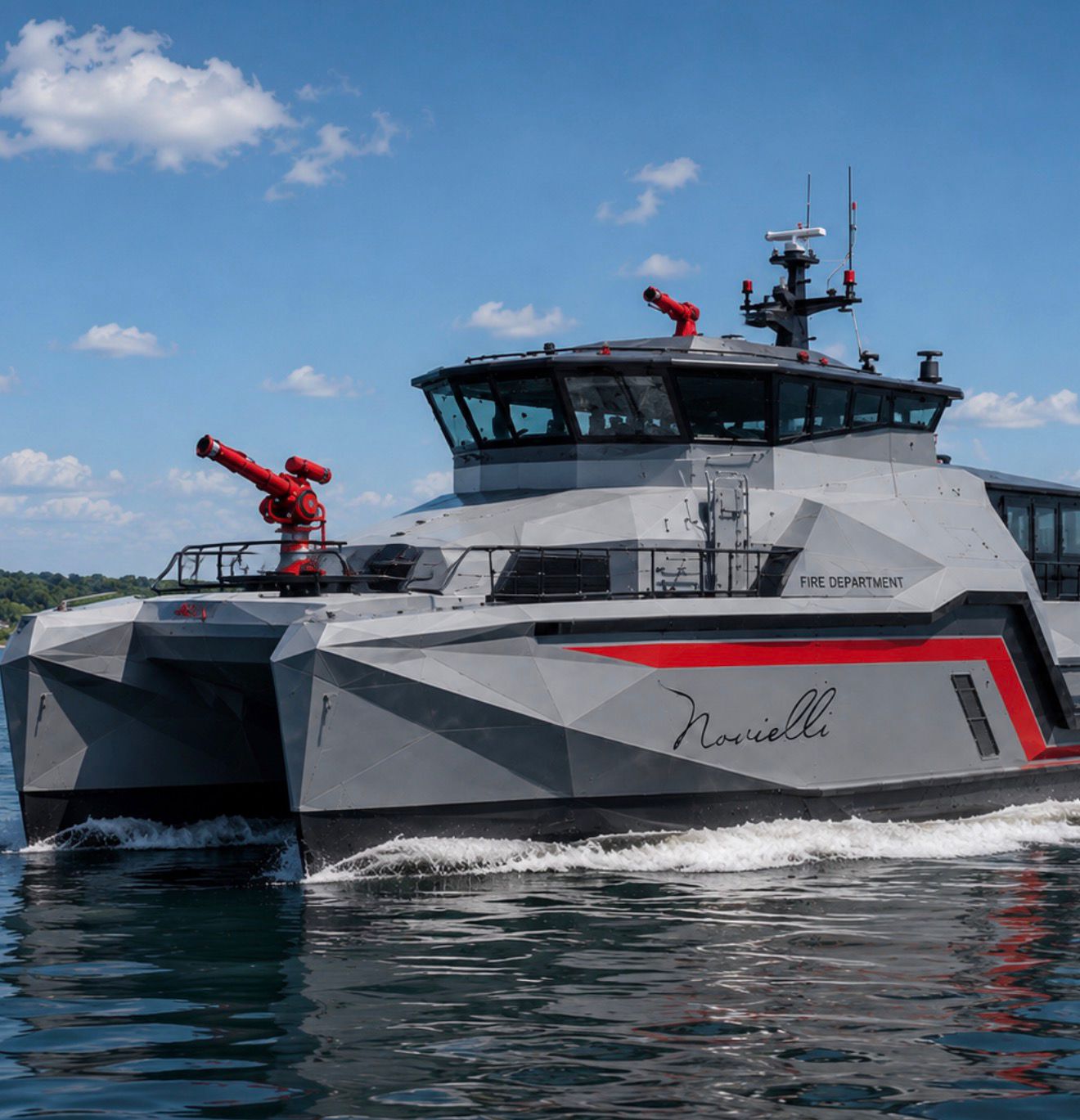 Bow of the Inferno LR 829 fire-rescue catamaran with twin red fire monitors mounted forward and aft, faceted grey hull with Novielli script and FIRE DEPARTMENT lettering.