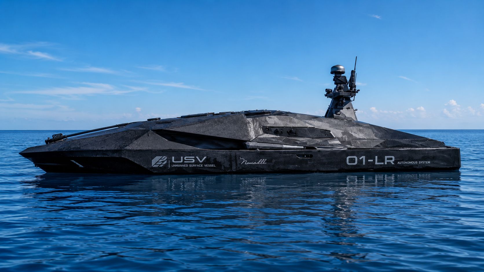 Port-side profile of the USV 01-LR Autonomous System with USV and 01-LR hull graphics, low-slung stealth deck, and aft mast sensor cluster.