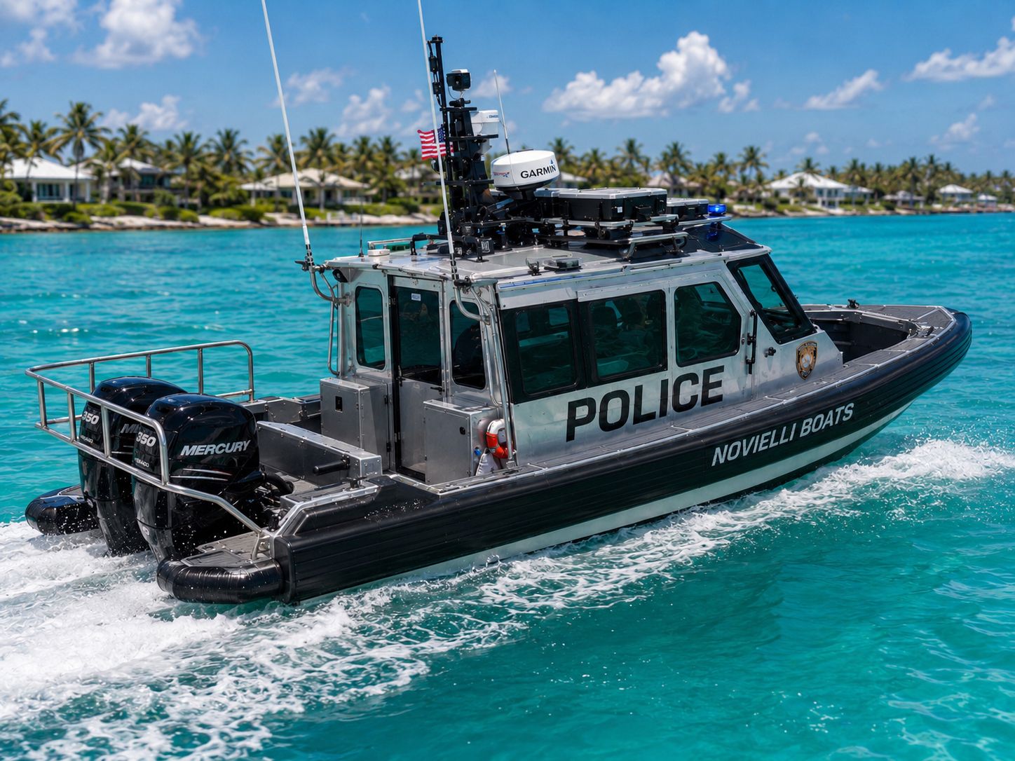 Obsidian 269 Interceptor running at speed with POLICE markings, twin Mercury 350 Verado outboards, and full tactical electronics mast.