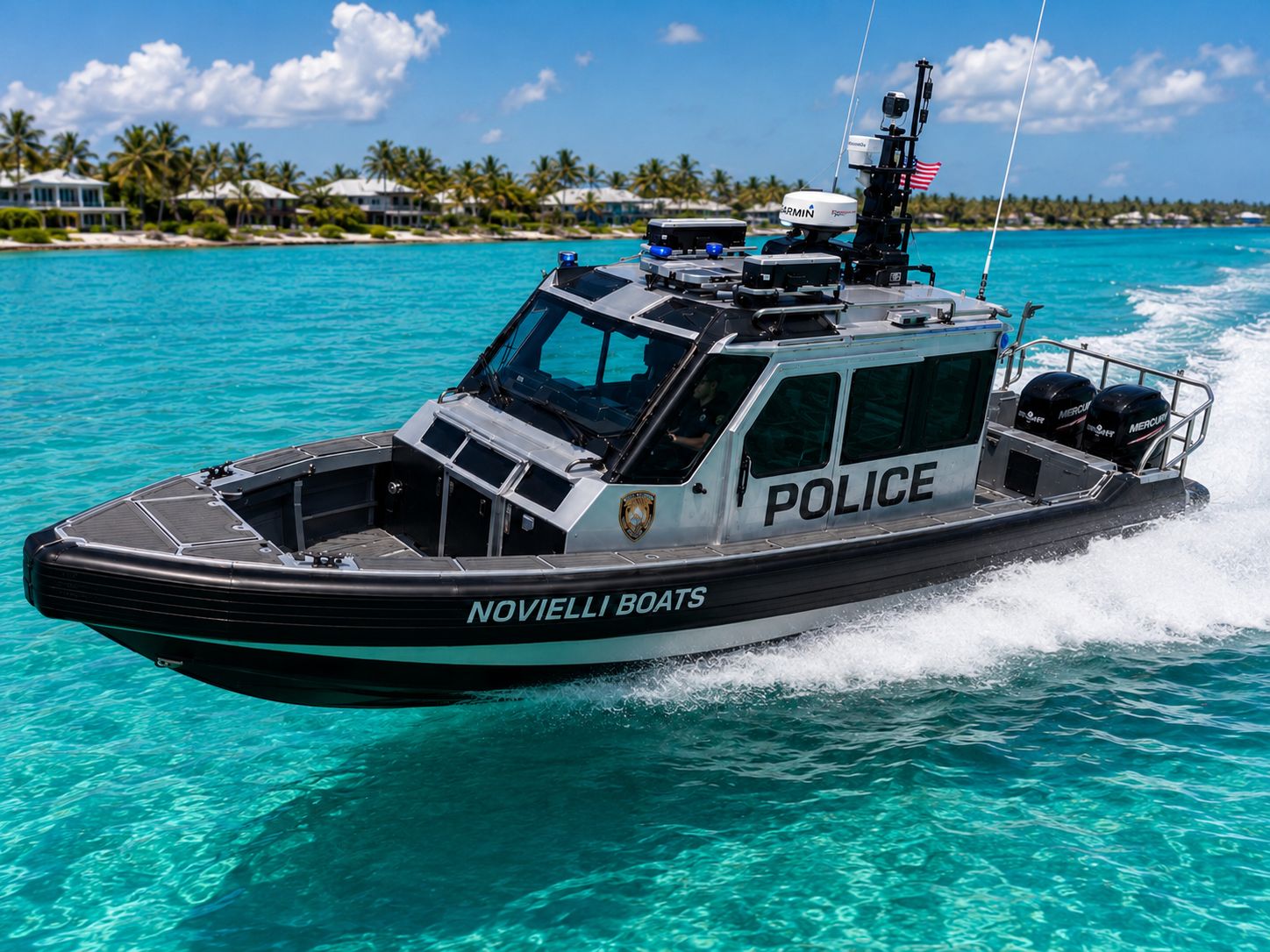 Bow-quarter view of the Obsidian 269 Interceptor running on turquoise water with NOVIELLI BOATS branding along the hull.