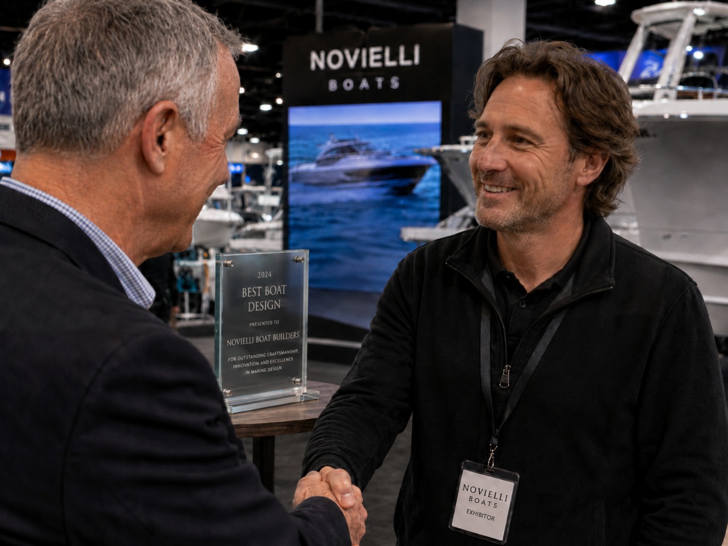 Novielli Boats exhibitor receiving the 2024 Best Boat Design award on a trade show floor.