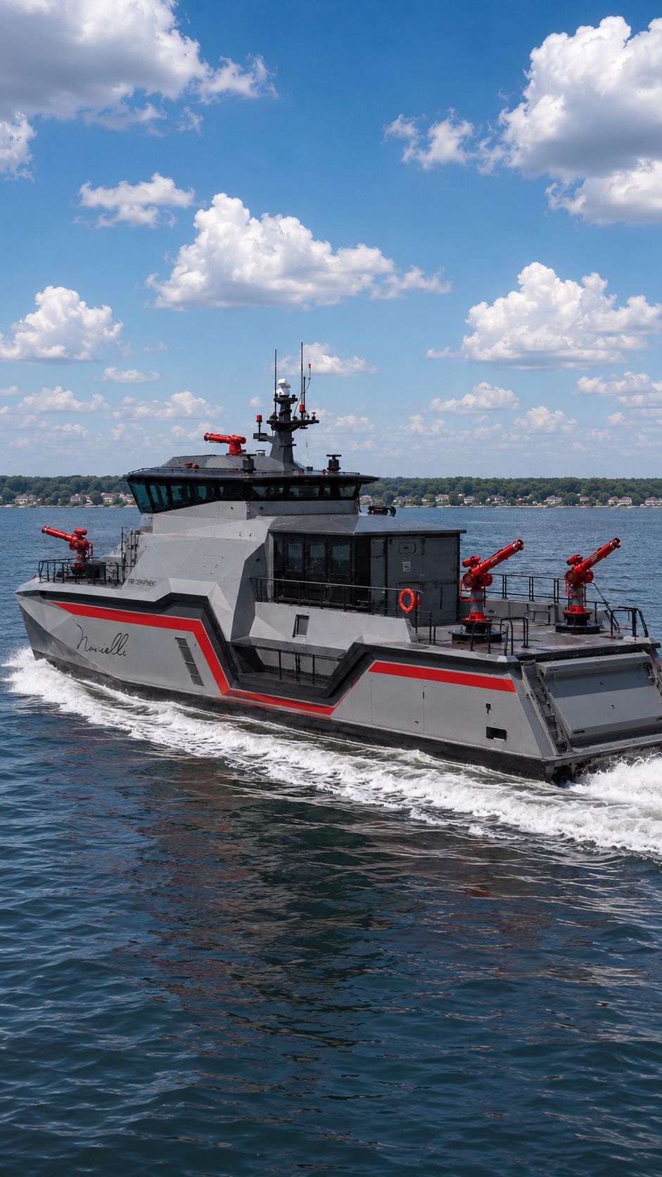 Stern-quarter running view of the Inferno LR 829 with three red fire monitors deployed and FIRE DEPARTMENT lettering across the aft cabin.