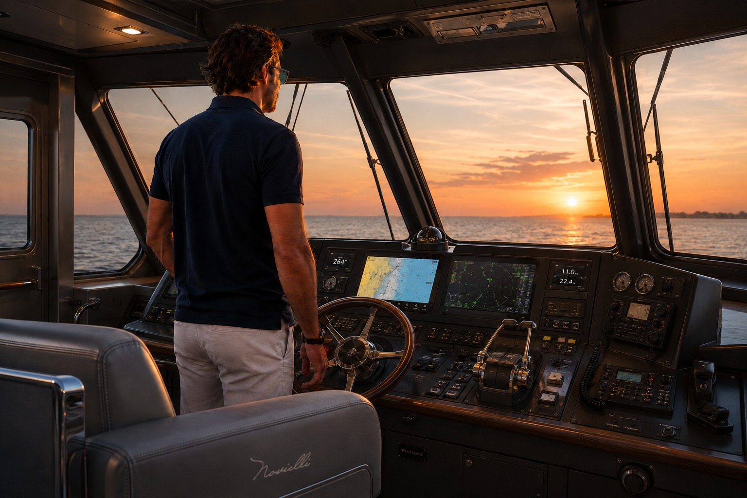 Captain at the helm of a Novielli yacht at sunset, with chart plotter, radar, and embroidered Novielli script on the helm chair.