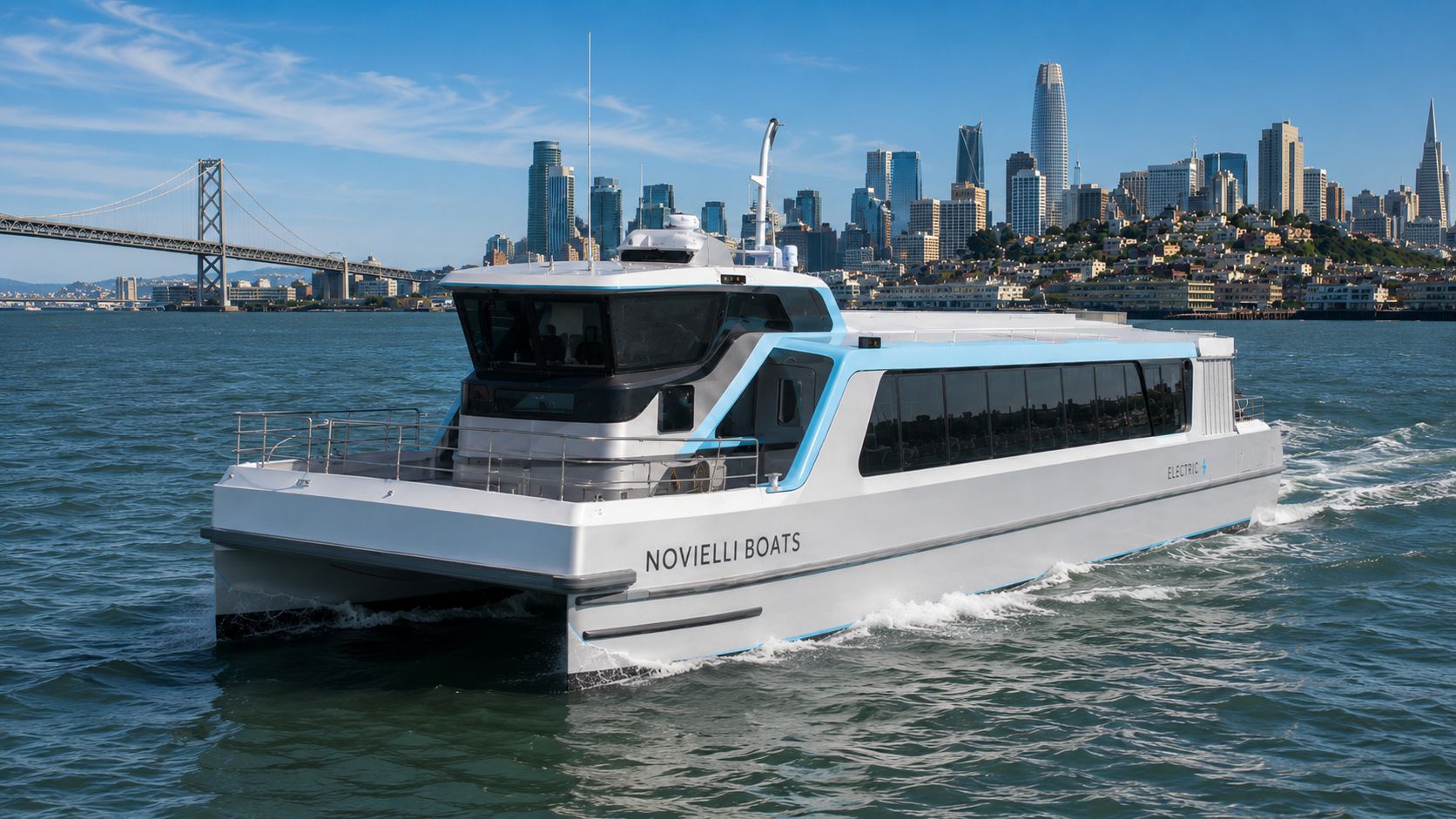 Novielli EF 629 electric passenger ferry catamaran with white hull and blue accent lighting on San Francisco Bay with the city skyline behind.