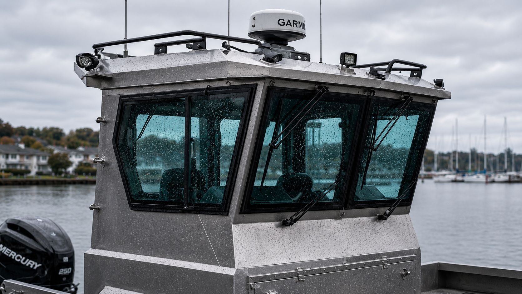 Close-up of the LC-259 M.U.L.E. enclosed aluminum pilothouse with Garmin radar dome, antenna mast, deck floodlights, and tinted wraparound windows.