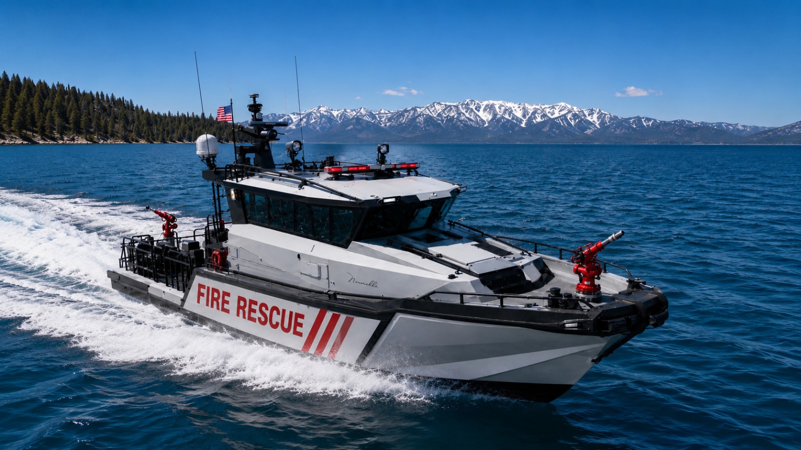 Novielli Inferno 519 FR aluminum fire rescue boat with bow-mounted water cannon and pilothouse running on alpine lake water with snow-capped mountains behind.