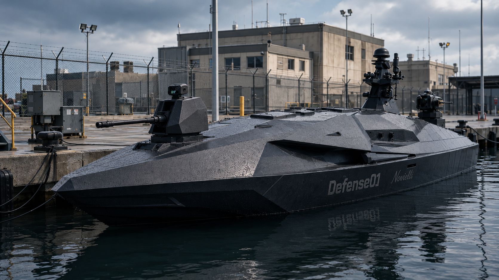 Novielli Sentry 369 Defense USV faceted black stealth unmanned surface vessel armed with dual remote weapon stations docked at a naval base.