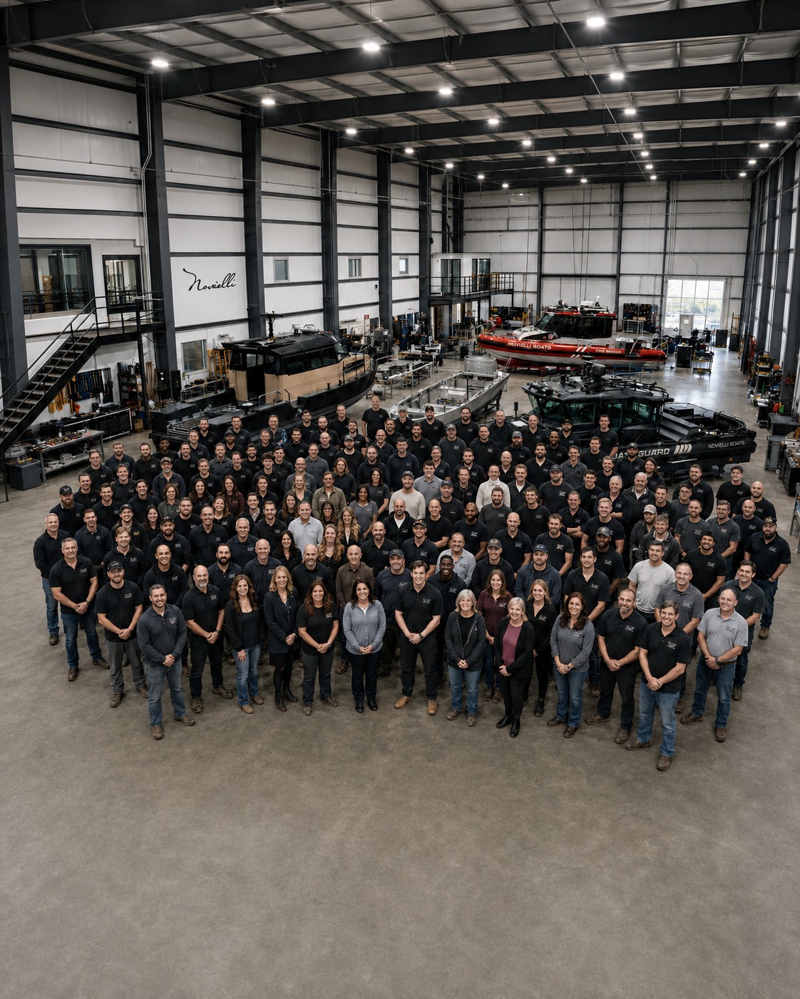 Novielli Boats team gathered inside the shipyard with completed vessels including a fire rescue boat and Coast Guard patrol craft.