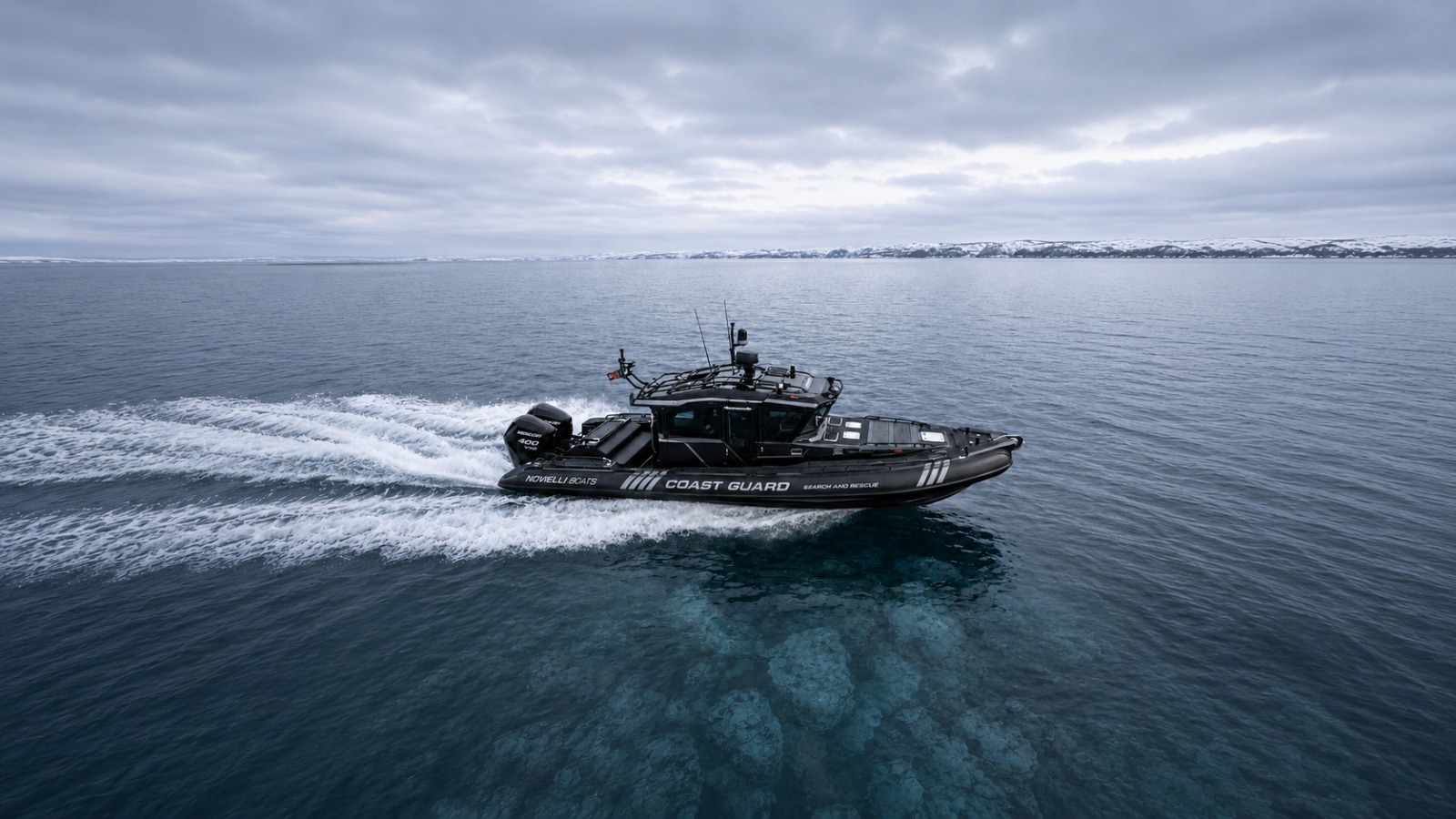 Novielli Revenant 369 Blackline SAR coast guard search and rescue RIB underway on cold northern waters.