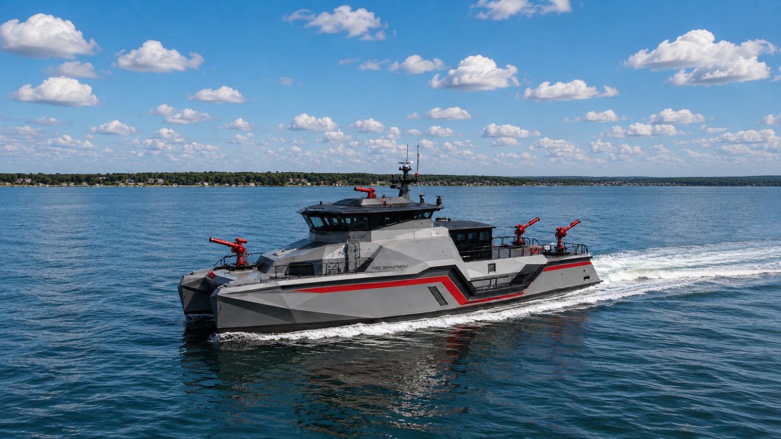 Novielli Inferno LR 829 long-range fire rescue catamaran with multiple red water cannons underway on open water.