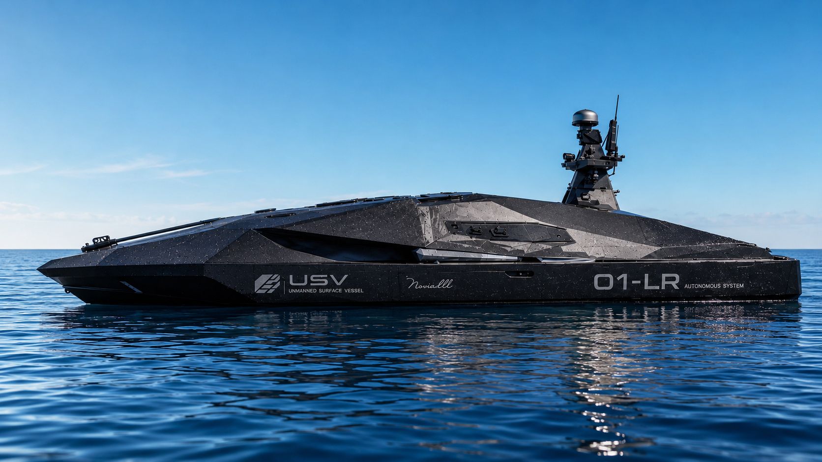 Clean broadside view of the USV 01-LR Autonomous System showing the full faceted hull silhouette, antenna mast, and hull markings.