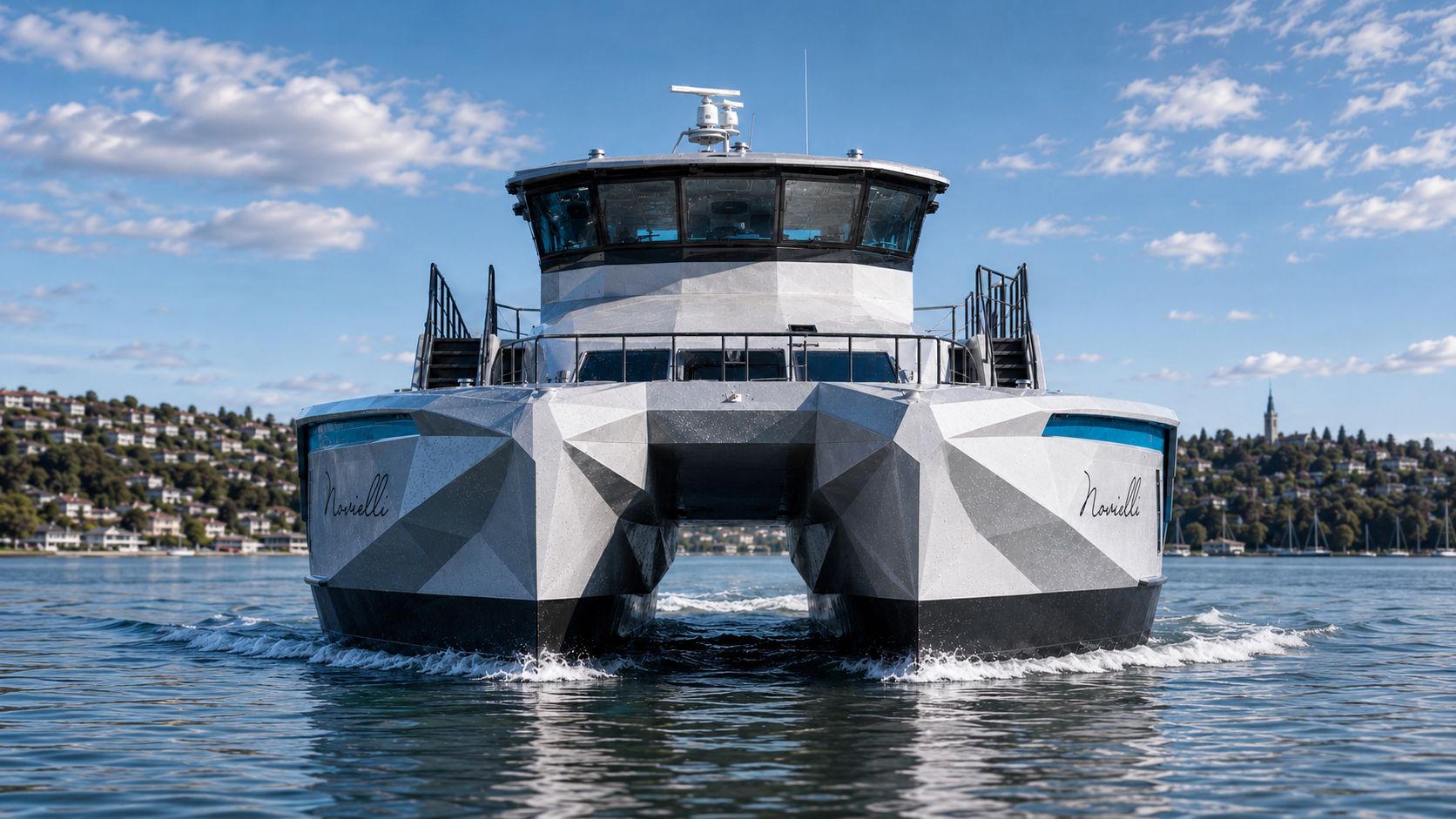 Novielli DF 829 double-ended aluminum passenger ferry with faceted hull and elevated wheelhouse on calm bay water.