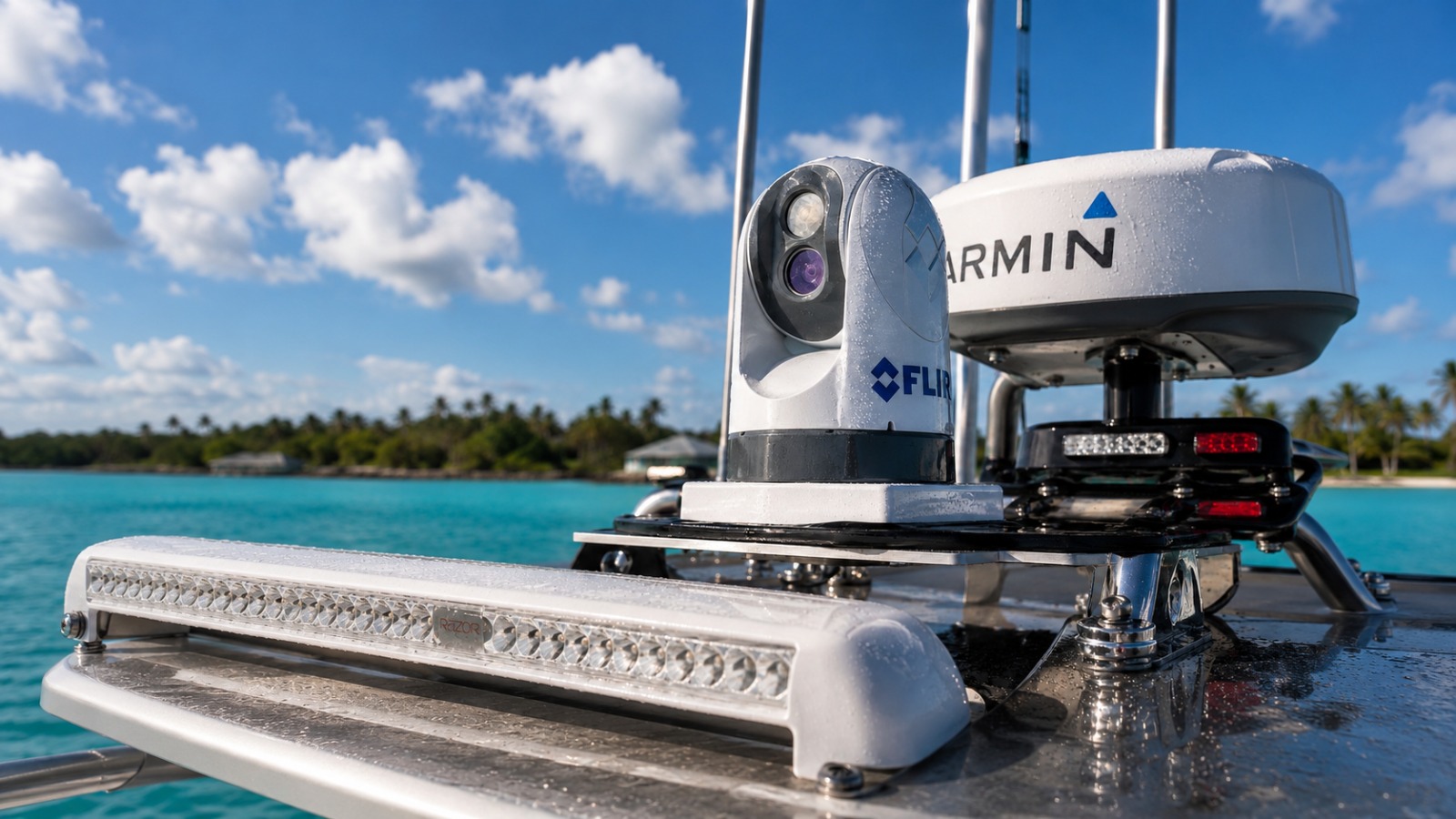 Close-up of the FLIR thermal camera and Garmin radar dome on the hardtop of the Inferno 299 Fire Rescue, with tropical water and palms in the background.