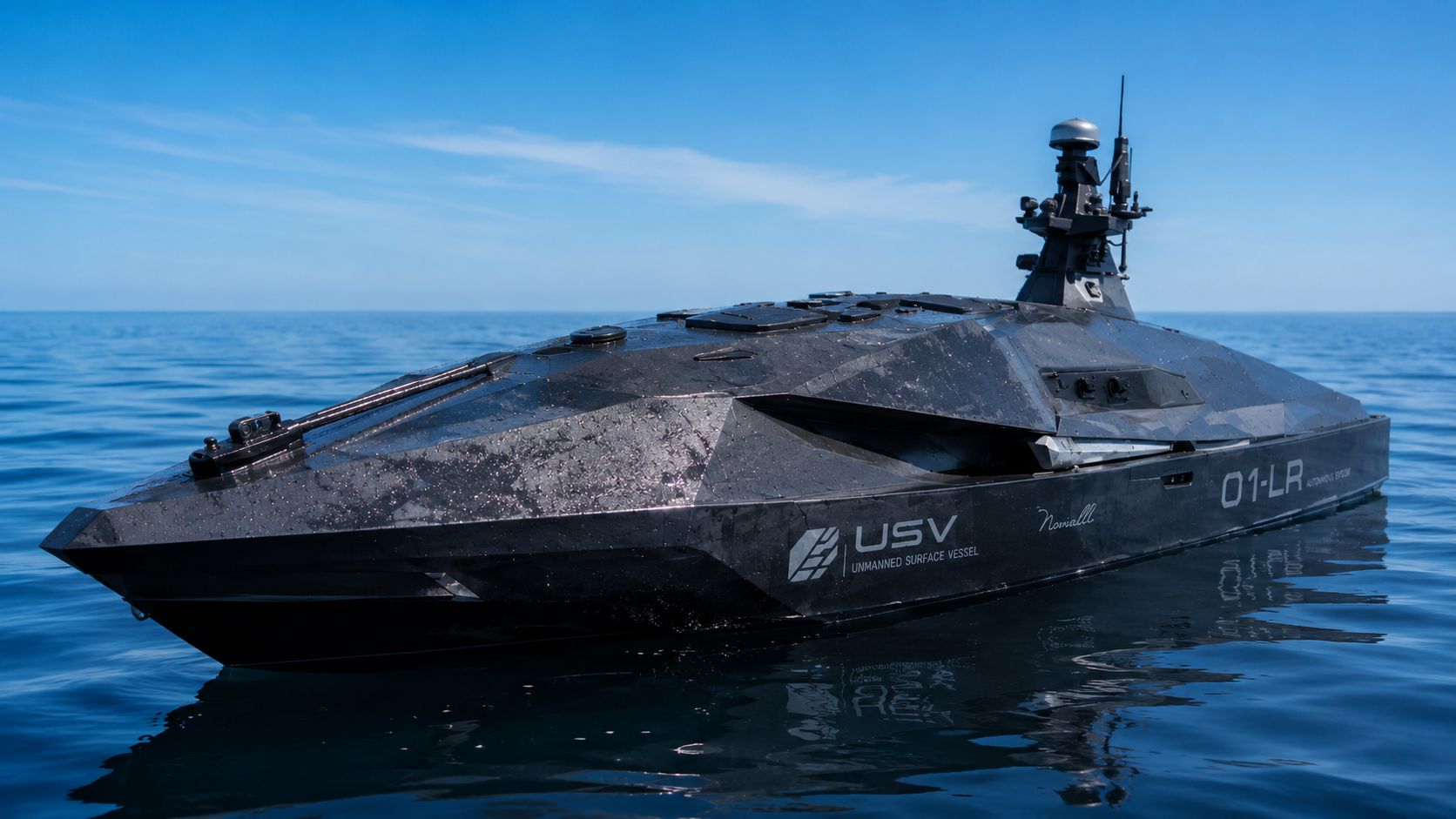 Bow-quarter view of the Novielli USV 01-LR autonomous long-range unmanned surface vessel with faceted black stealth hull and mast-mounted sensors on calm open water.