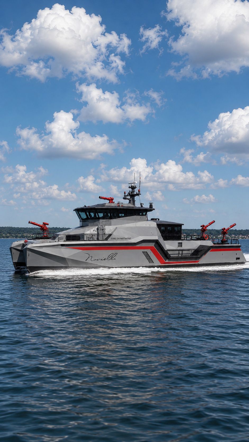 Tall port-side profile of the Inferno LR 829 underway with pilothouse, Novielli script branding, and red accent stripe.