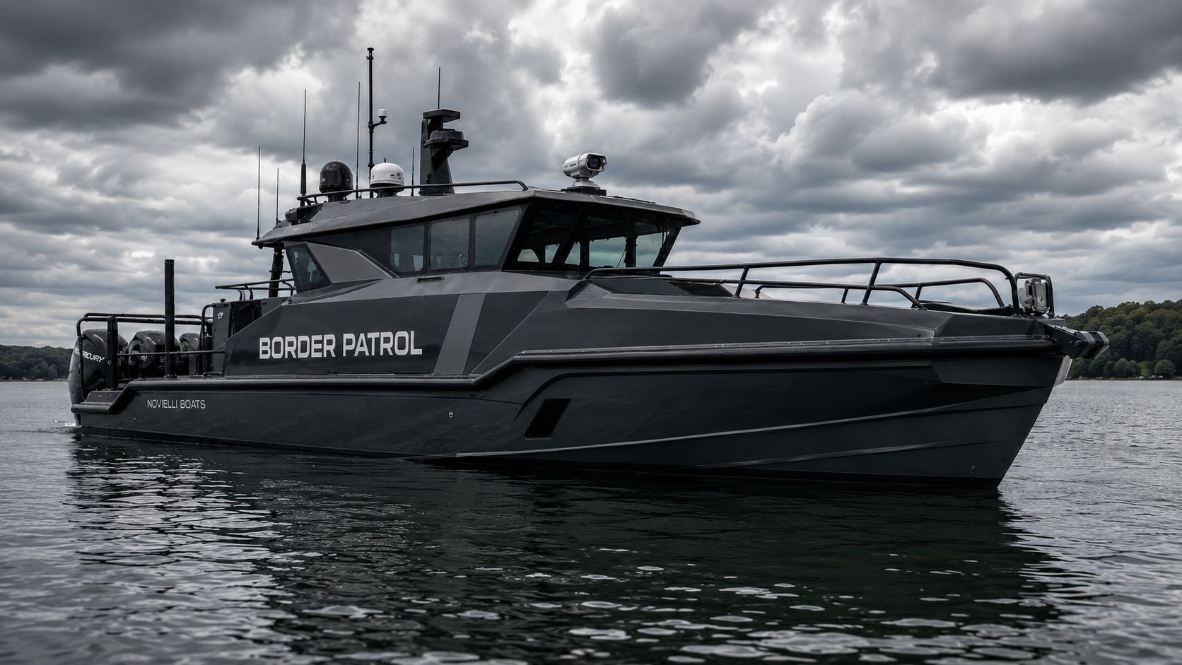 Port-side profile of the Outlaw 559 LR Border Patrol catamaran on calm water with overcast sky, showing the faceted aluminum hull, BORDER PATROL graphics, enclosed pilothouse, and mast-mounted sensors.