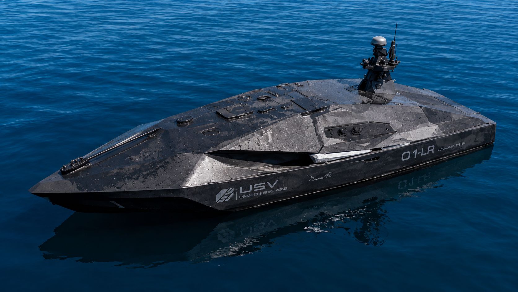Elevated three-quarter view of the USV 01-LR Autonomous System on calm deep-blue water, showing faceted stealth deck, dorsal hatches, and aft mast sensor array.