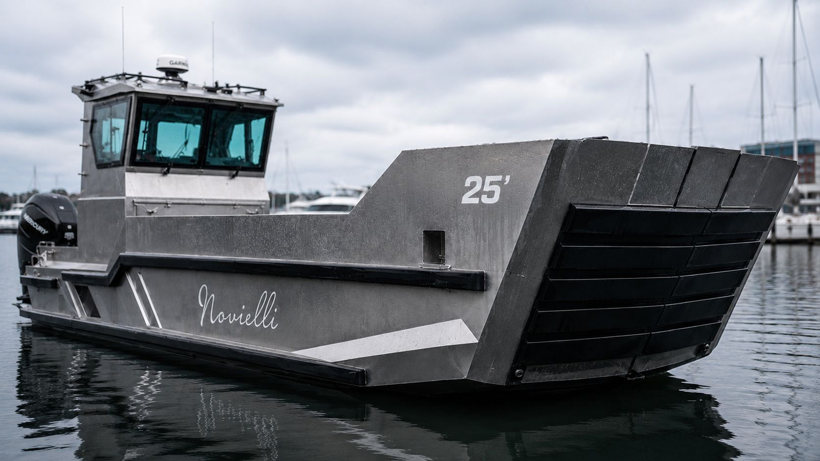 Moody three-quarter view of the LC-259 M.U.L.E. landing craft with Novielli script branding, raised bow door, and Mercury outboard, set against a marina backdrop.