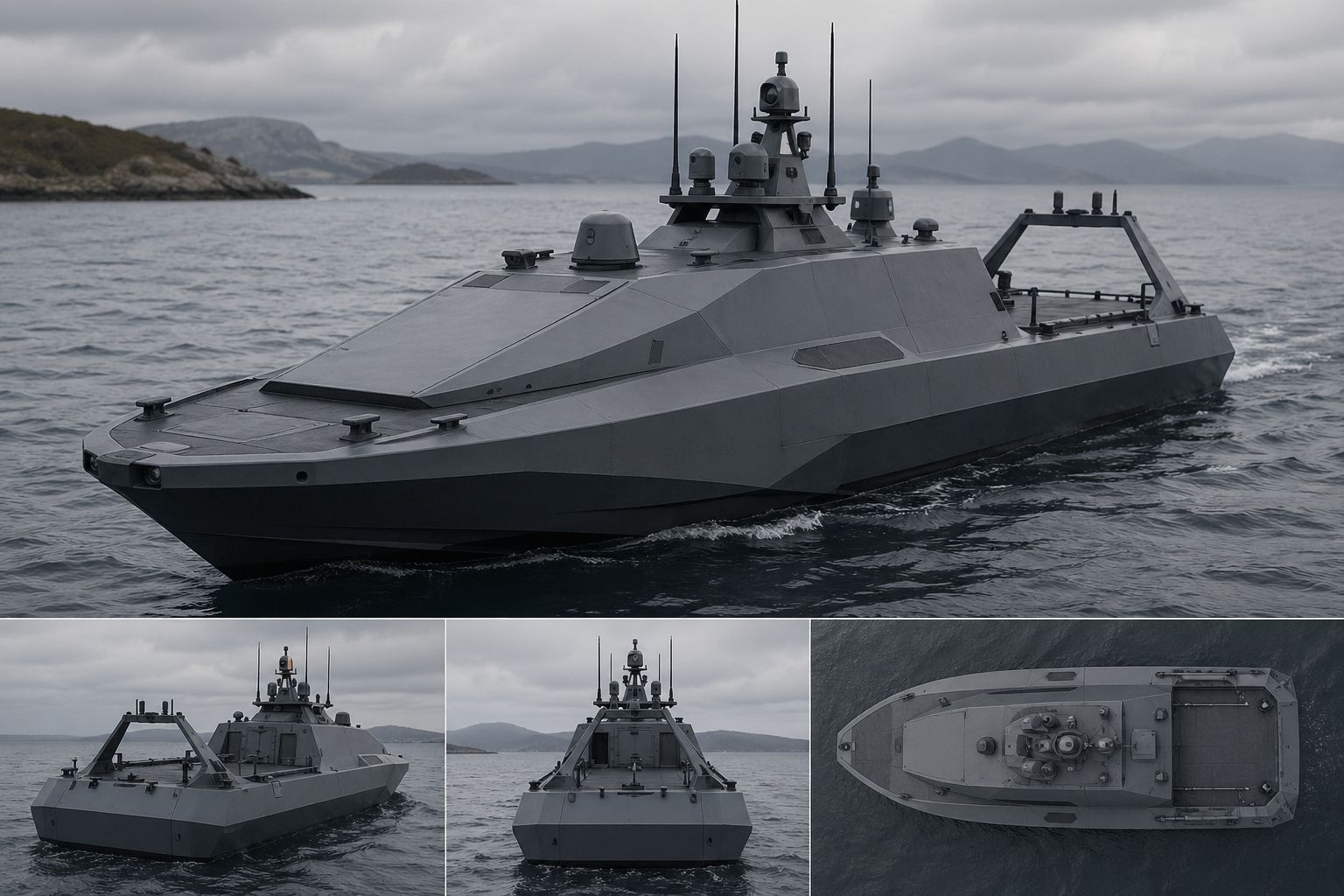 Novielli stealth-profile gray aluminum commercial and government patrol vessel with mast-mounted sensors and EO/IR turret underway on open water near a rocky coastline.