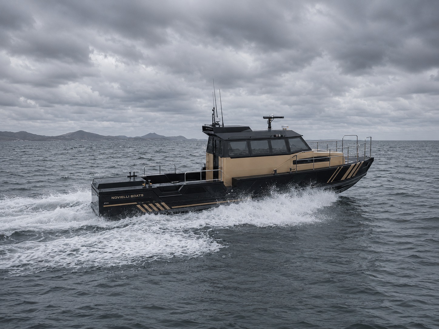 Novielli blacked-out crew and pilot transport vessel with tan accents running at speed on open water under overcast skies.