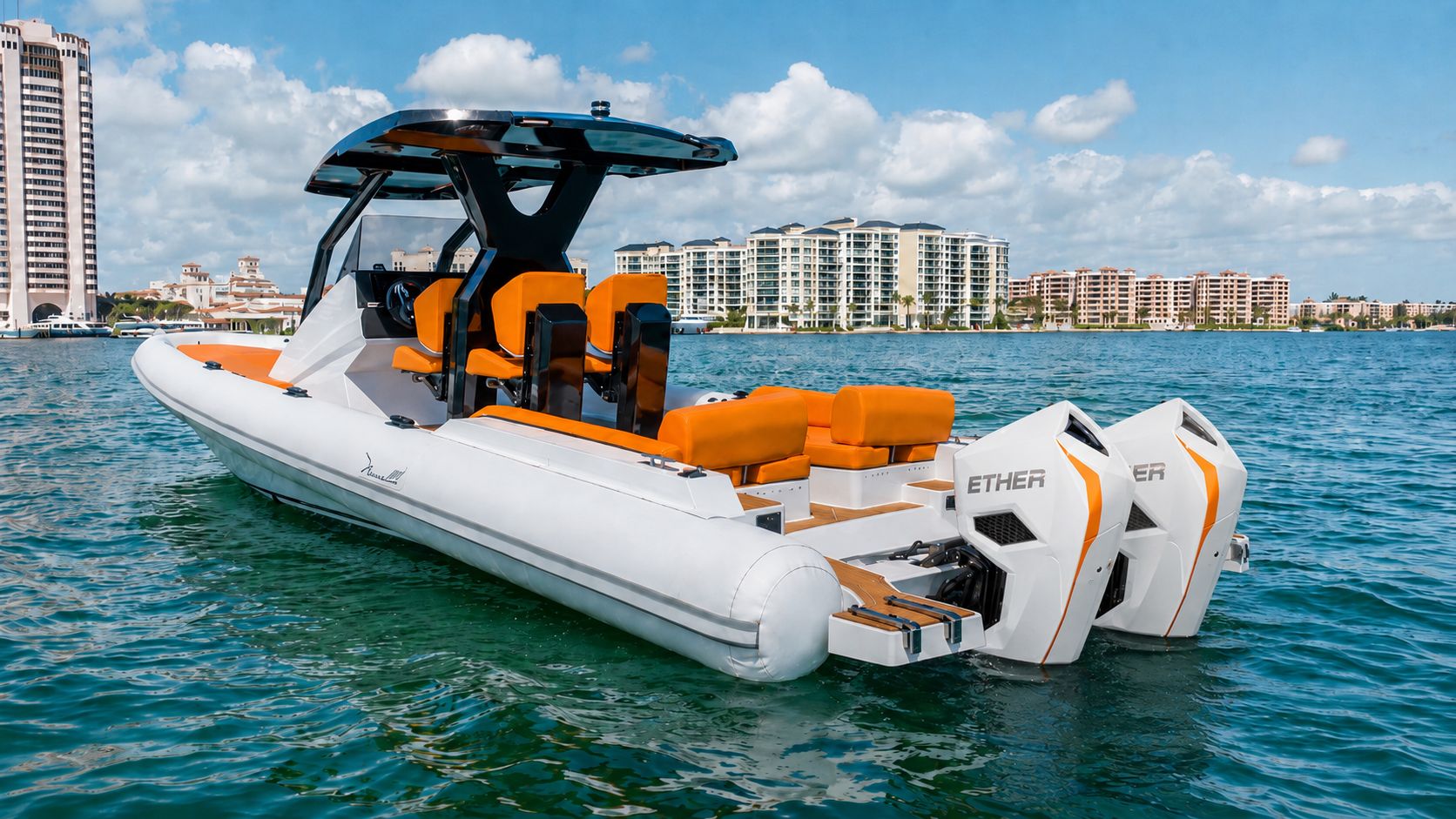 Novielli electric RIB with T-top and twin Ether electric outboards on turquoise water near a coastal skyline.