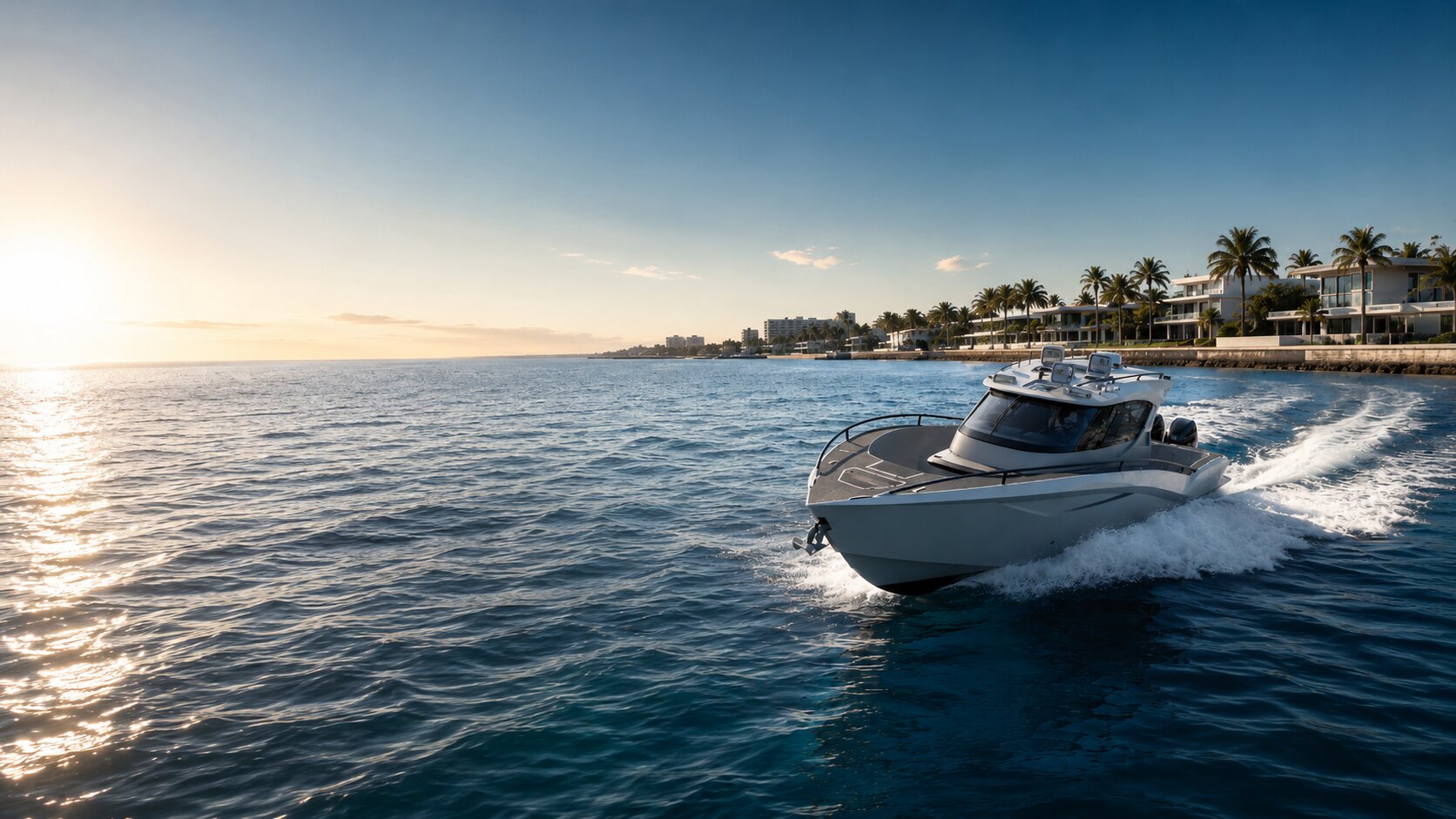 Novielli custom performance vessel running along a palm-lined coastline at golden hour.