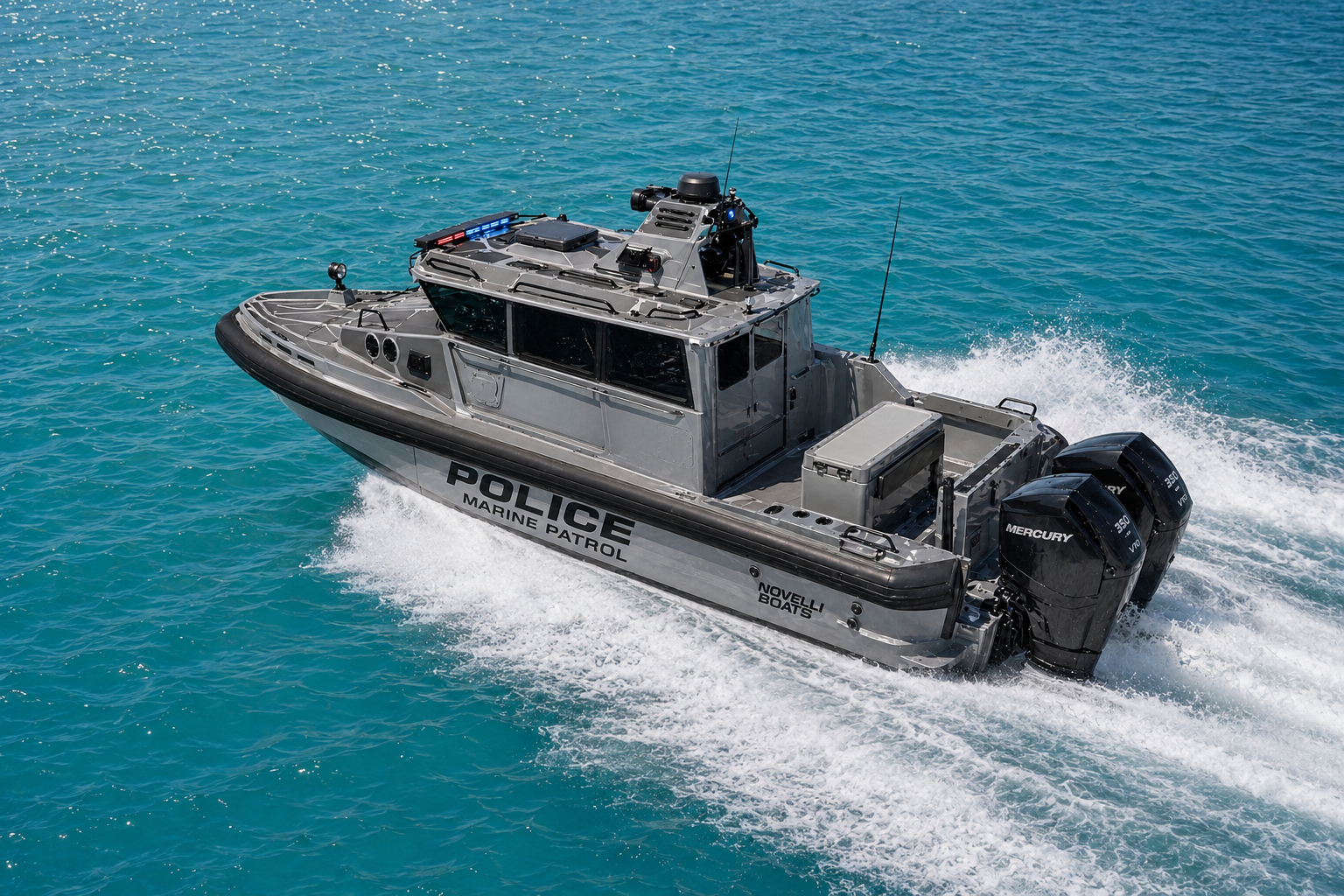 Novielli police marine patrol boat with light bar and triple Mercury V10 350 outboards running on turquoise water.