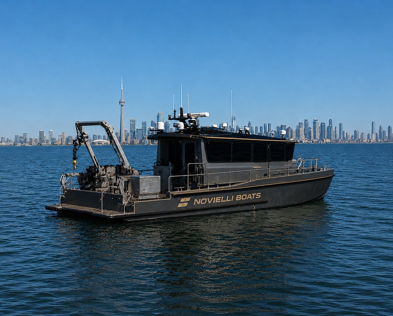 Novielli blacked-out aluminum survey and research vessel with Garmin radar and A-frame crane idling on calm water with the Toronto skyline and CN Tower in the background.