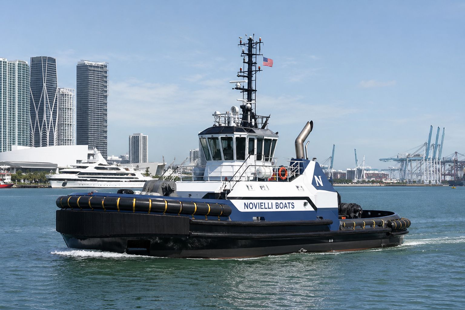 Novielli harbor tug with branded wheelhouse cruising past the Miami skyline and port cranes.