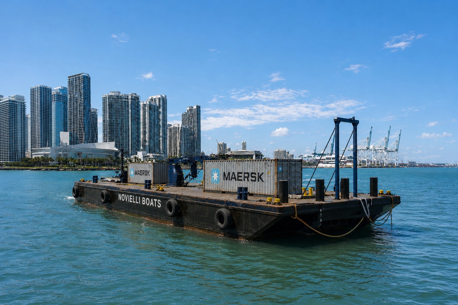 Novielli Boats deck barge with shipping containers and onboard crane moored in Miami harbor with the downtown skyline and port cranes behind.