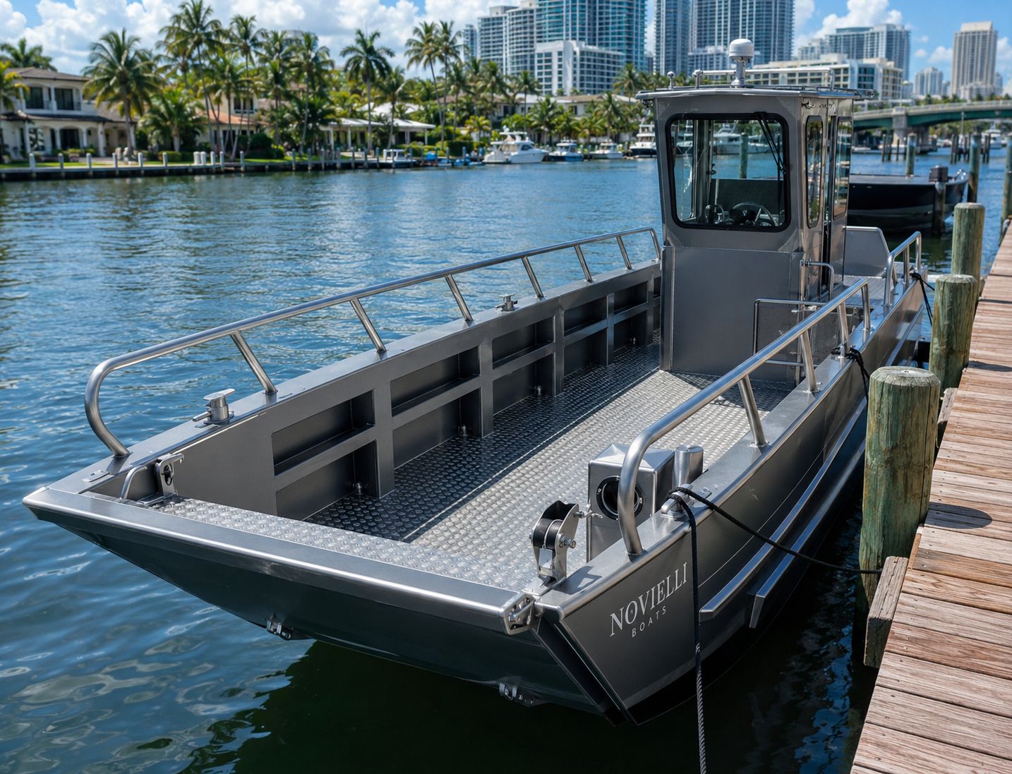 Novielli aluminum landing craft workboat docked alongside a wooden pier with a city skyline in the background.